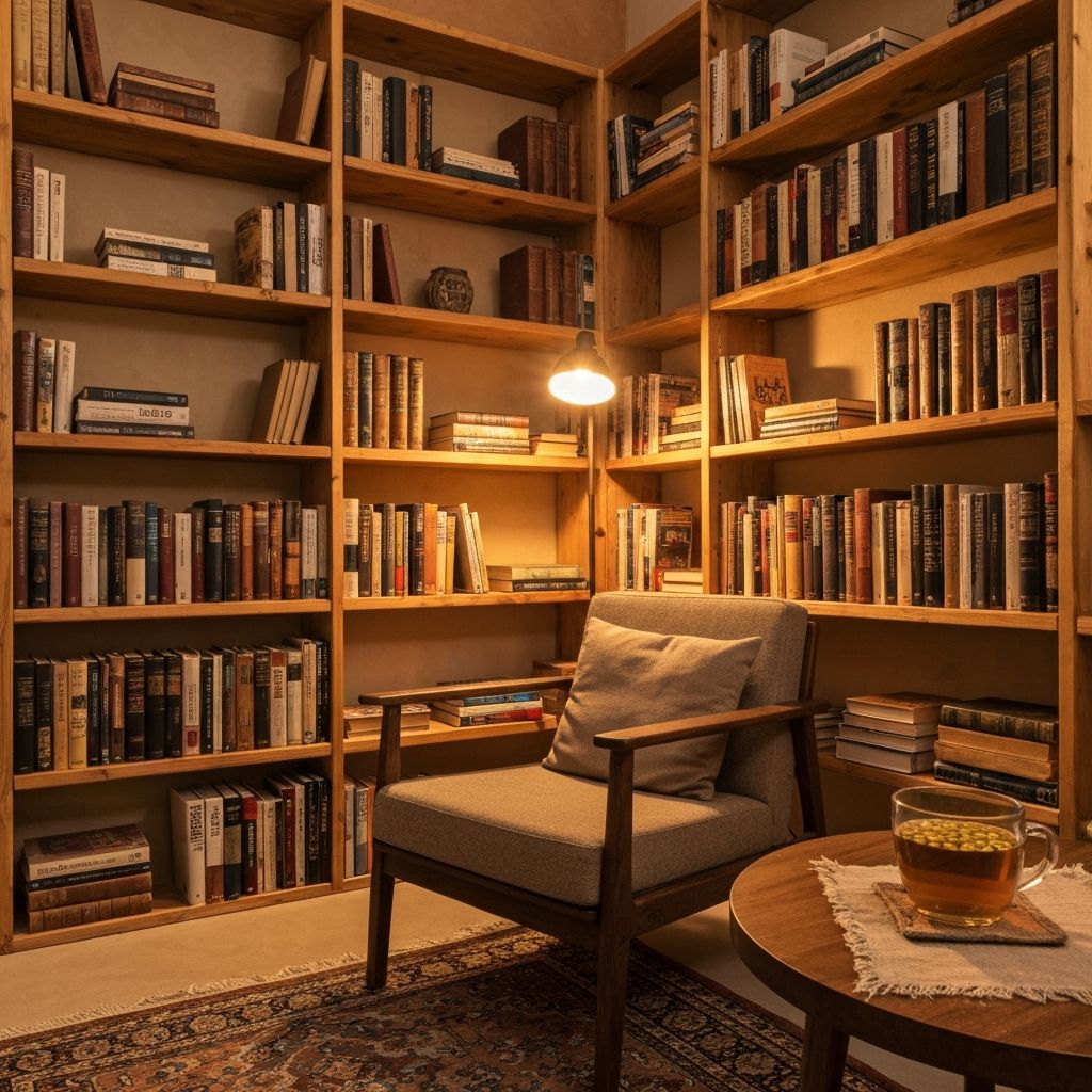 A calm, well-organized reading space representing knowledge and reflection