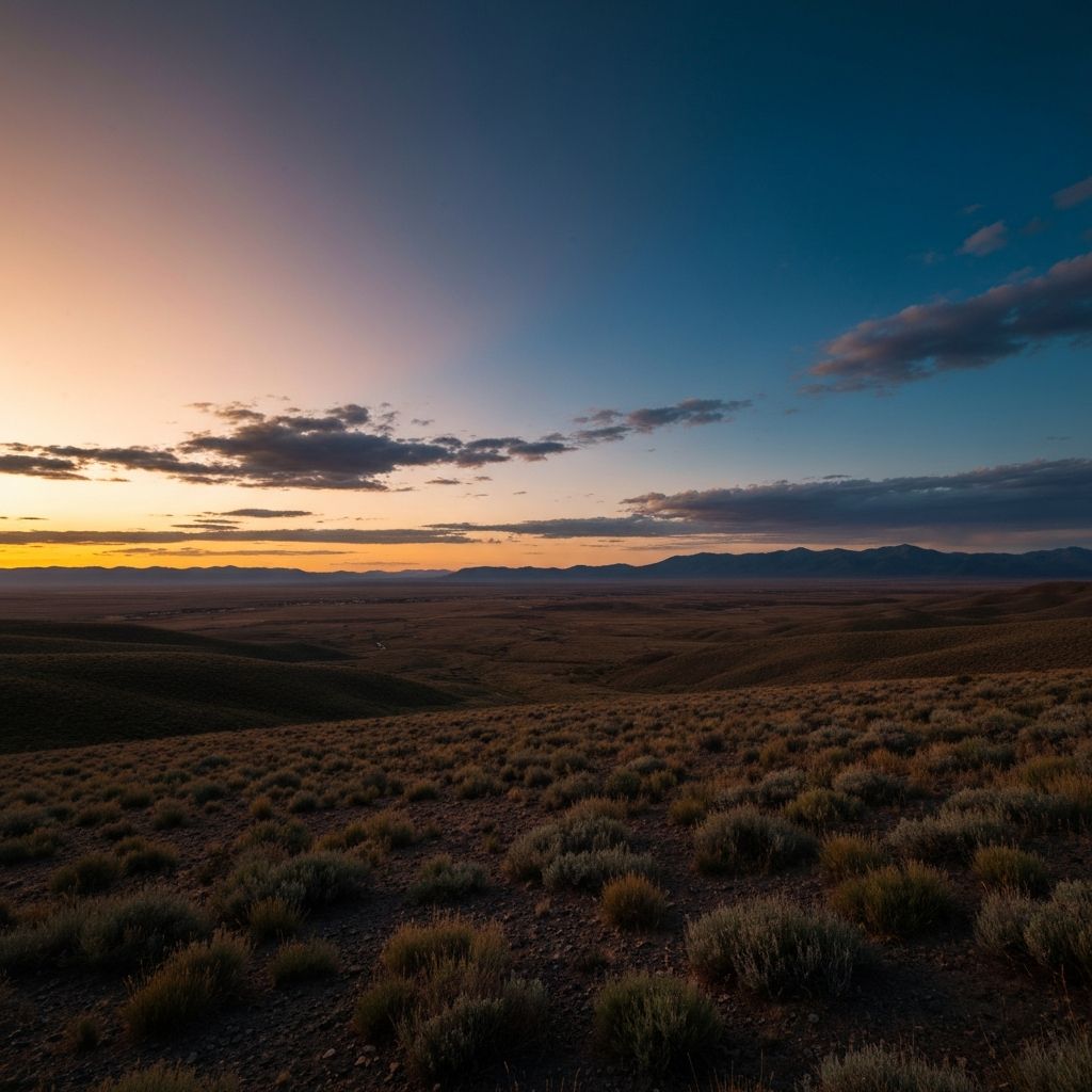 A wide natural landscape at dusk representing expansiveness and potential